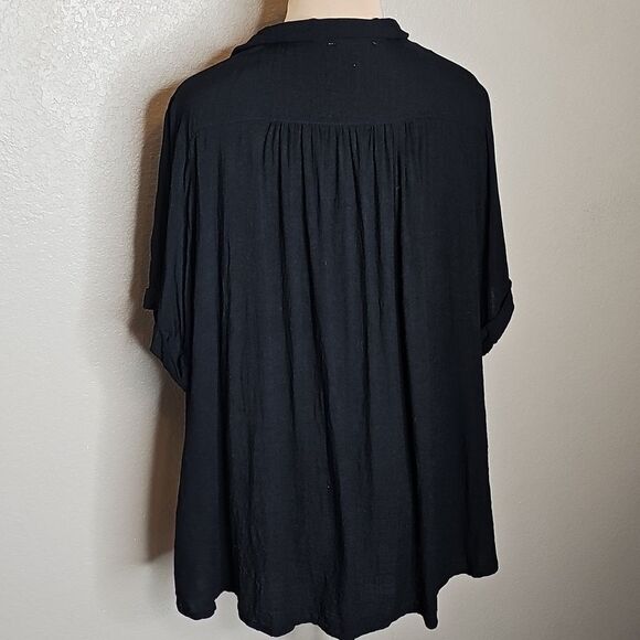 Umgee Black Tie Front Short Sleeve Peasant‎ Top With Ivory Lace Hem XL - Picture 5 of 9